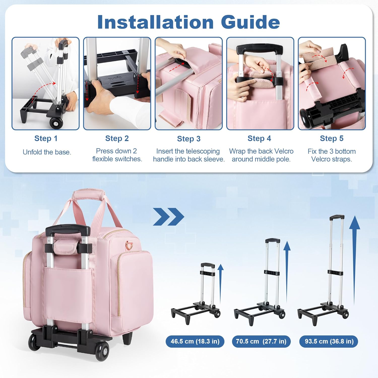 Rolling Medicine Bag for Travel, Large Pill Bottle Storage Bag on Wheels with 4 Cases and Detachable Trolley,Pink