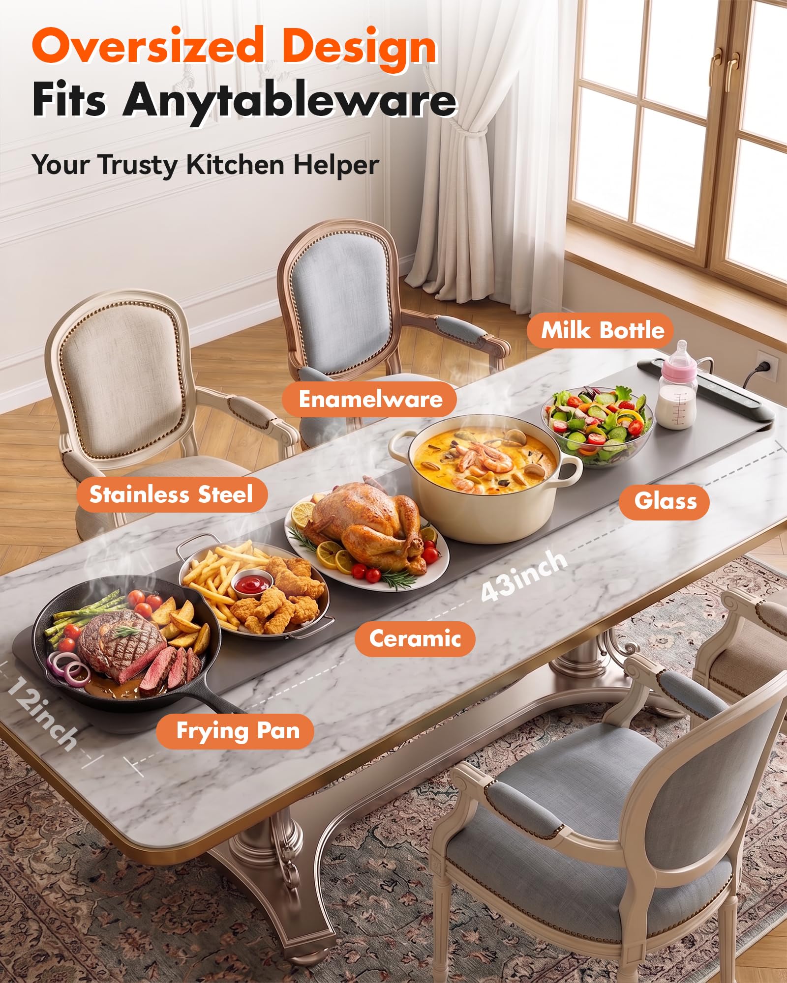 Warmhaltematte für Lebensmittel, extra lang, 109,2 x 30,5 cm, 600 W, hitzebeständige Unterlage, Chafing Dishes für Buffet, 6 Temperaturen, 12 Stunden, Kindersicherung, Speisenwärmer für Partys