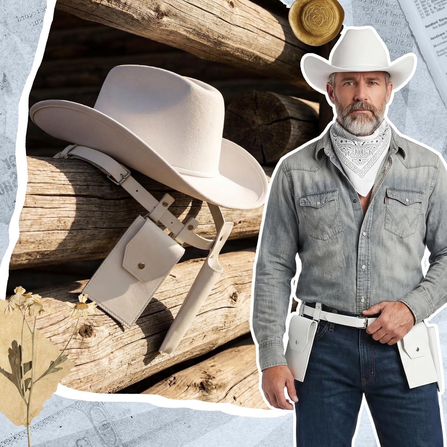 Adult Cowboy Costume Accessories Set Western Cowgirl Hat, Classic Bandana & Adjustable Holster Belt
