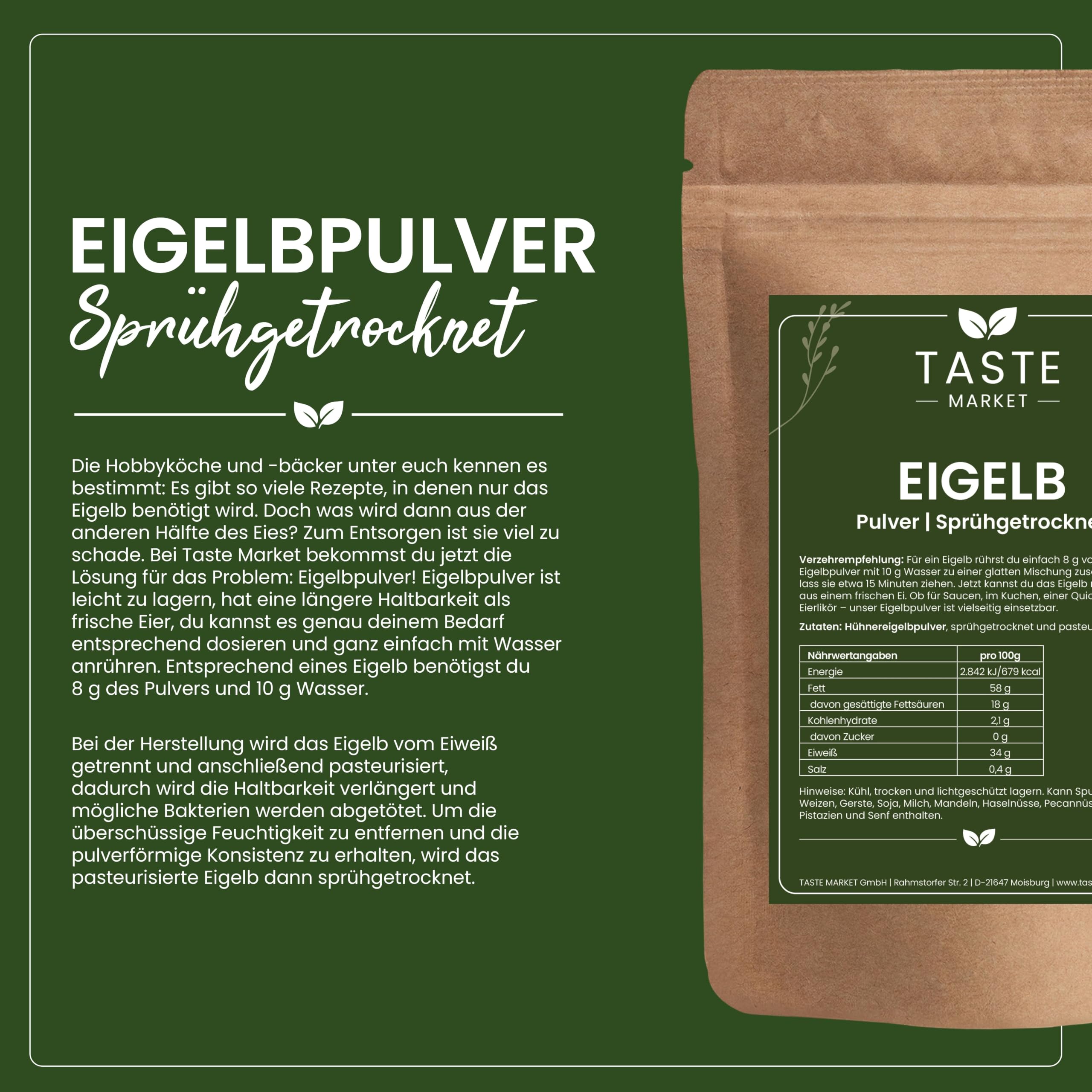 2 kg Eigelb-Pulver | Ei Ersatz | Eipulver sprühgetrocknet | Eigelbpulver | Kochen & Backen | Taste Market
