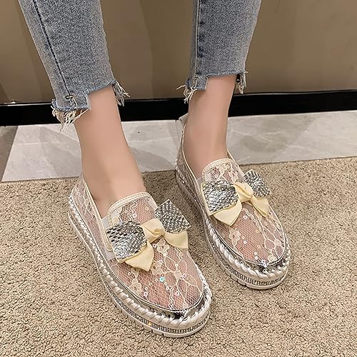 Miniatura 6 de WENOREG Mocasines de malla con lazo de diamantes de imitación para mujer, mocasines de malla con lentejuelas huecas, transpirables, antideslizantes,