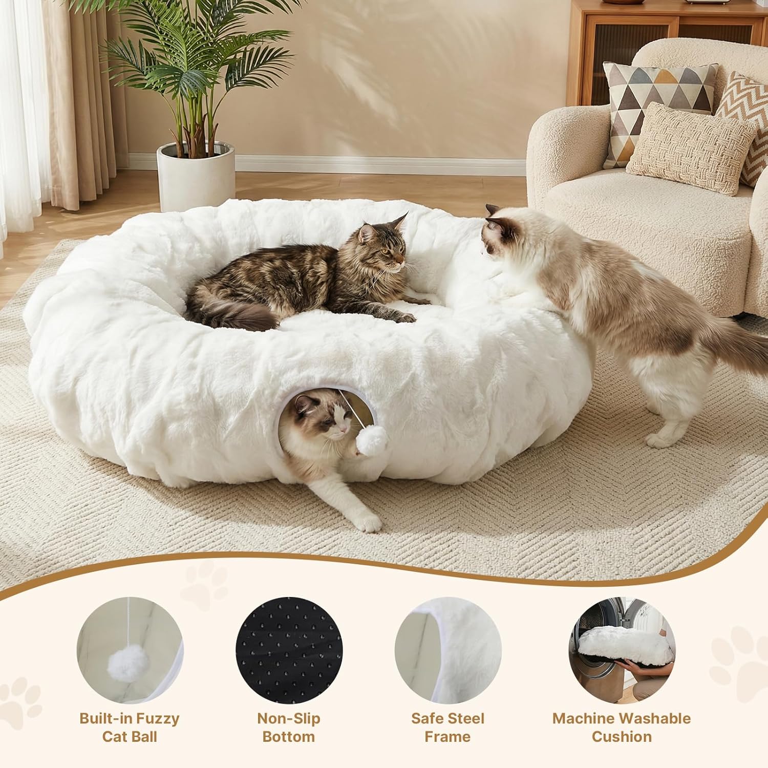 Extra Large Cat Tunnel, 47.2in Luxury Tunnel for Large Cats, Extra Long Bubble Fleece Big Cat Tunnel for Cats with Washable Mat, Skin-Friendly Large Tunnel for Cats, Puppy, Rabbits White