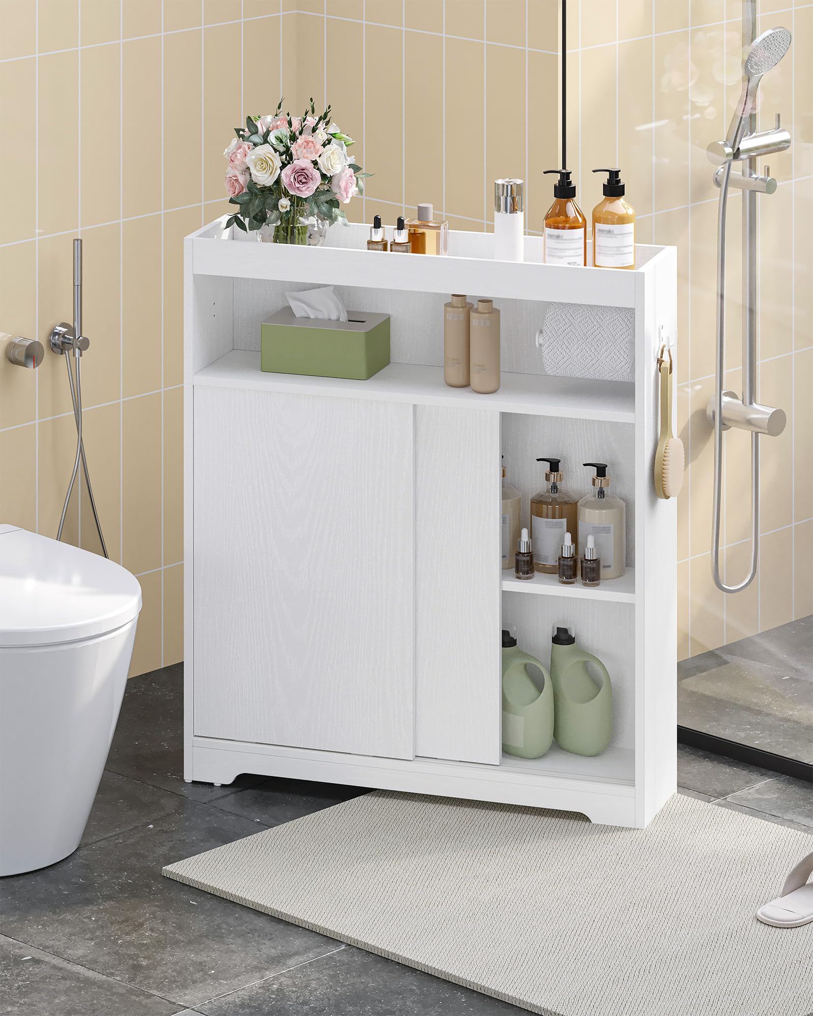 Hzuaneri Badezimmerschrank, Nischenschrank, Platzsparende Badschrank mit Toilettenpapierhalter und Haken, Schiebetür, Verstellbares Regal, für Das Badezimmer, 20 x 80 x 90 cm, Weiß BC63813X