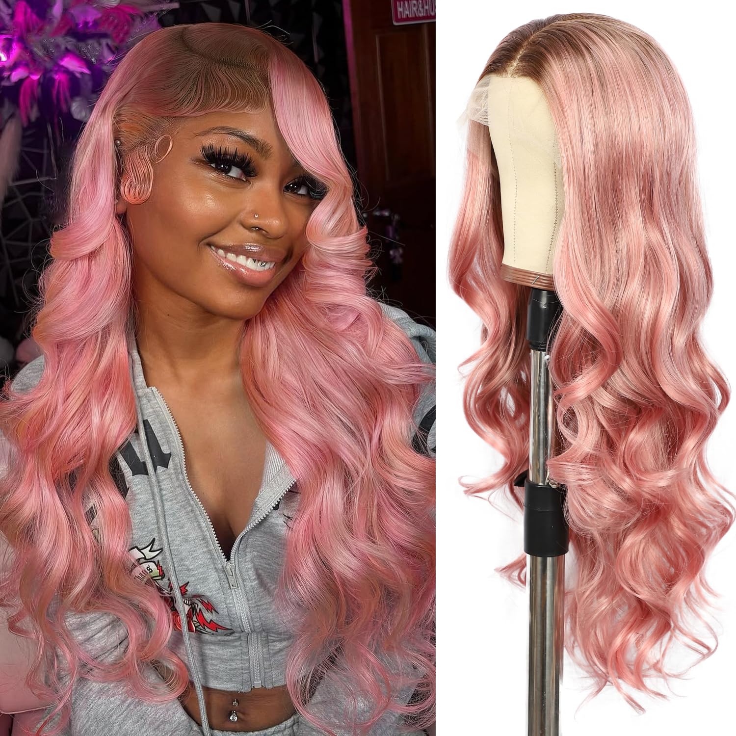 SOMIARIK Pink Lace Front Wig with Brown Roots