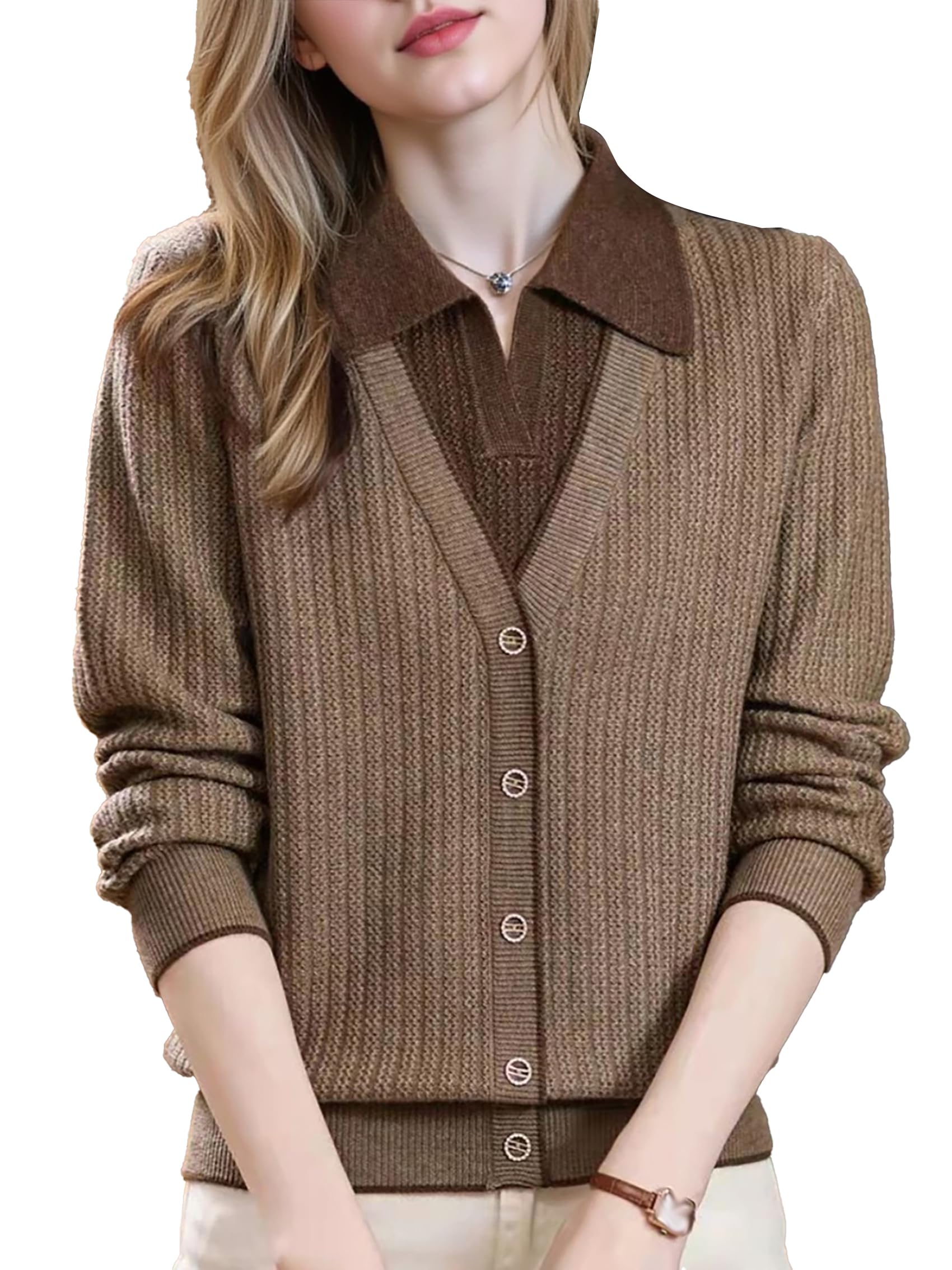 LAI MENG FIVE CATS Womens Fall Sweaters Tops Lapel V Neck Ribbed Knit Color Block Soft Pullover Shirt