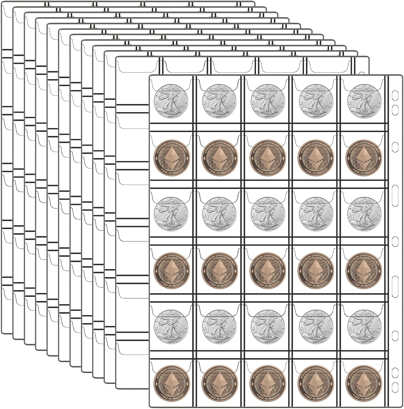 12 Sheets Coin Collection Pages, Coins Pocket Page with 360 Pockets, Coin Binder Inserts Sleeves with Standard 9 Hole for Coin Album. Storage Holder for Currency, Stamp and Other Supplies (30 Pockets)