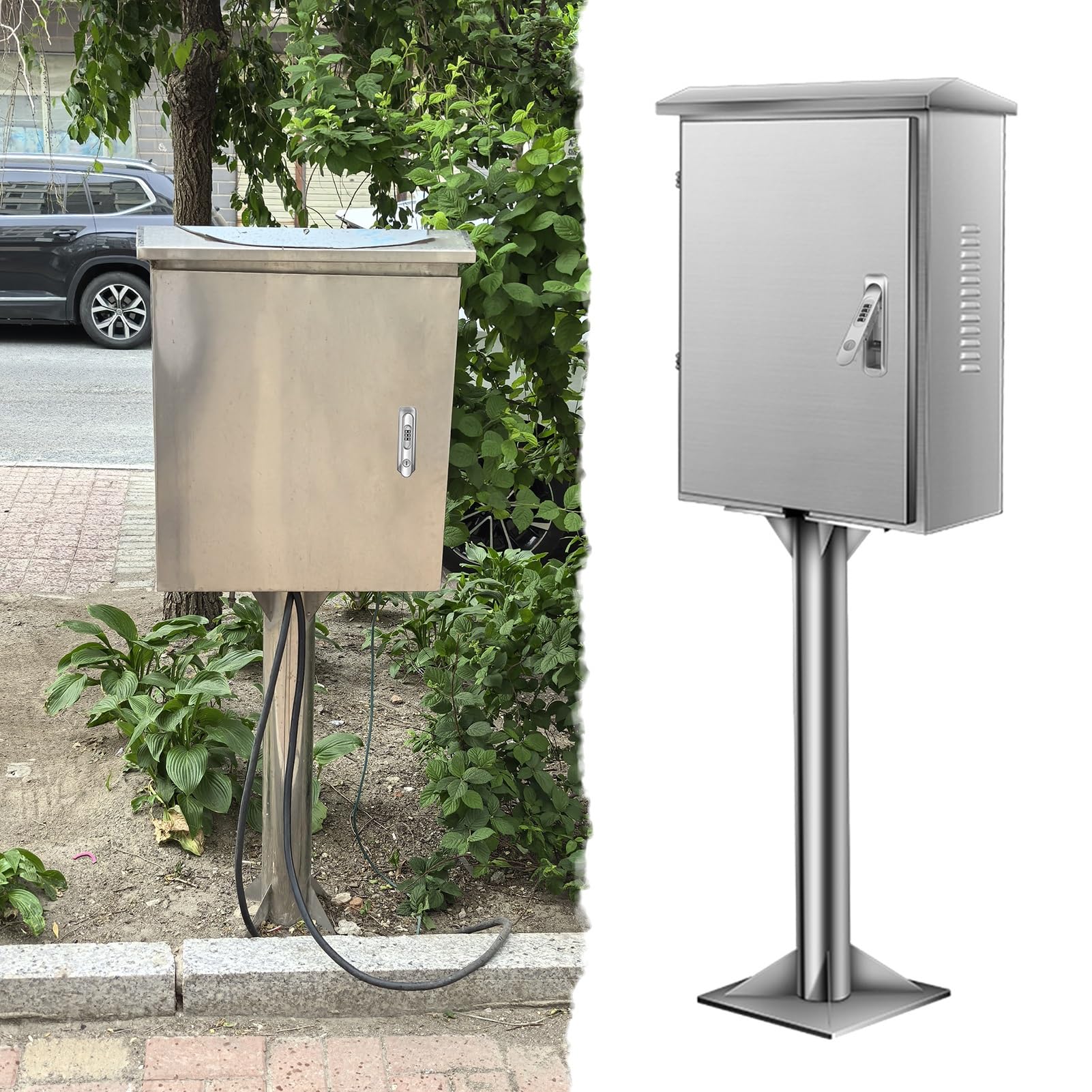 Stazione Di Ricarica In Acciaio Inossidabile Freestanding Robusto Con Alloggio Protettile Impermeabile Di Serratura Di Numero Per L'organizzazione Del Cavo Elettrico Del Cavo Dell'automobile Intemperi