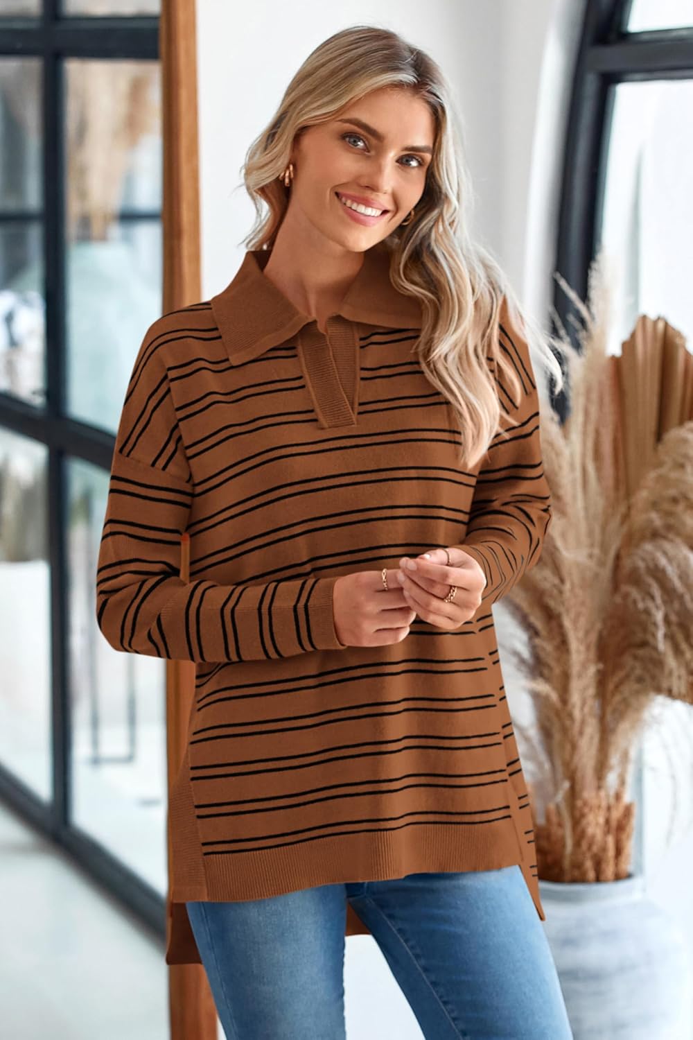 MASCOMODA Womens Sweaters Fall 2025 Oversized Striped Sweater Long Sleeve Polo V Neck Loose Side Slit Knitted Tunic Tops - Image 4