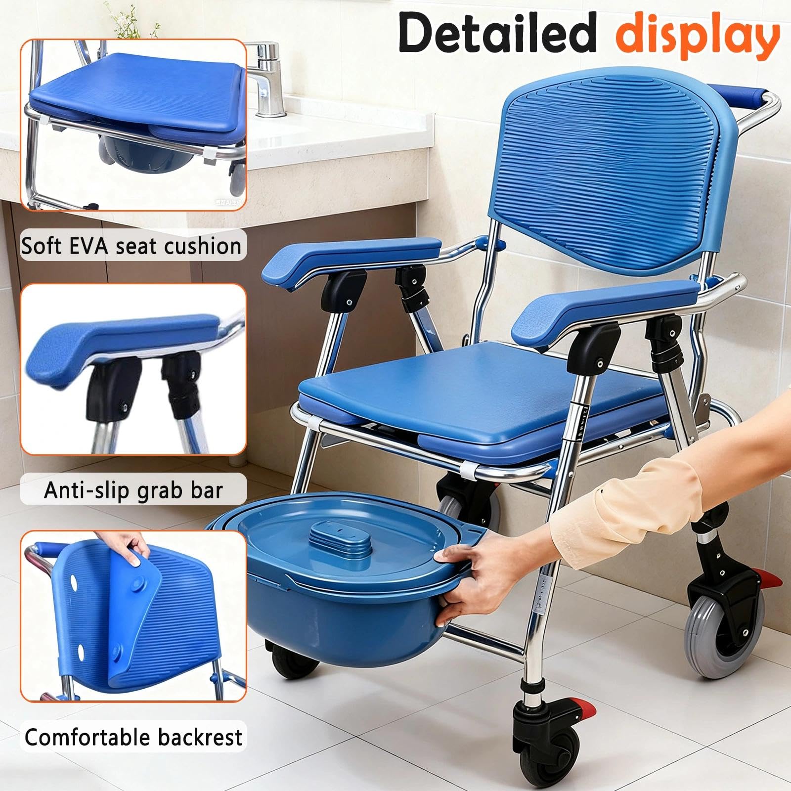 Silla Ducha WC con Ruedas Plegable, Sillas de Ruedas para Ancianos Ducha con Reposabrazos y Respald, Silla De Ruedas para Ducha para Personas Mayores y Discapacitadas 150 kg
