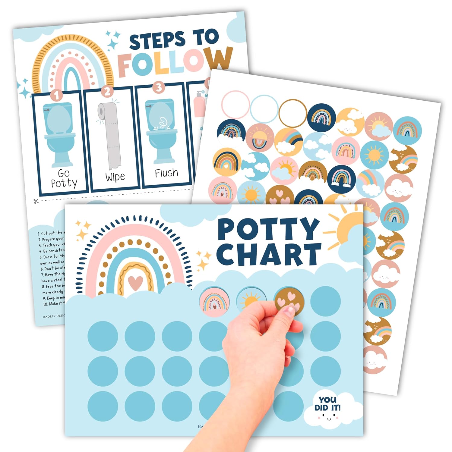 Hadley Designs Potty Training Chart for Toddlers Girls -10 Sticker Potty Chart for Toddlers Girls, 8.5x11" Potty Training Sticker Charts for Toilet Success, Boho Toddler Reward Chart for Kids