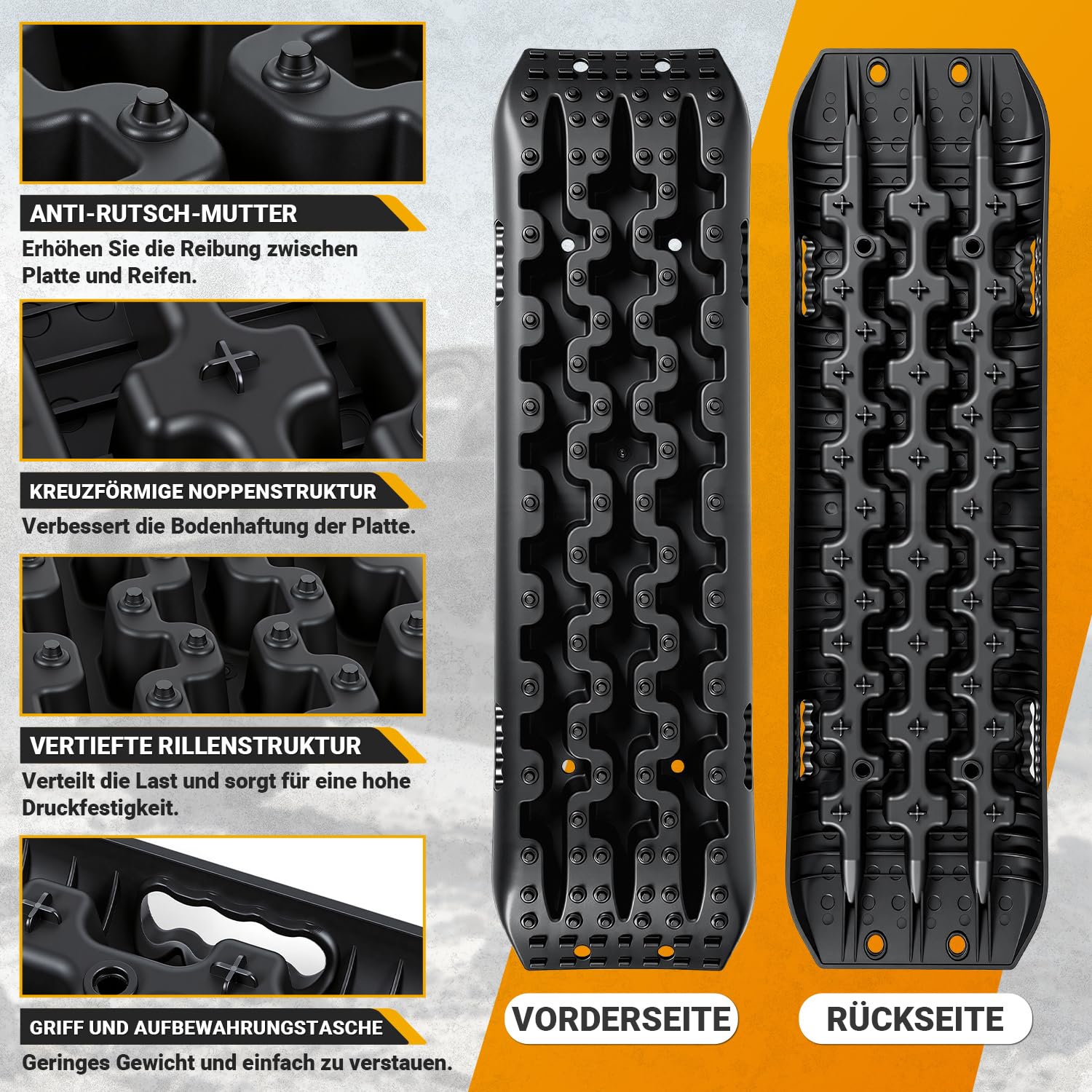 Herrselsam 2 Stücke Sandbleche Offroad Traktionsmatte Kunstoff Anfahrhilfe Recovery Board Tracks mit Aufbewahrungstasche und Installationstool，10T Last für Geländewagen Wohnmobil PKW LKW