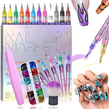 12 Colors Nail Art Pens Set, 2026 New Nail Pens for Nail Art, Quick Dry Nail Art Markers for Kids & Adults, 3D Waterproof Nail Polish Pens for Dotting Drawing Painting Point Liner DIY 1pc