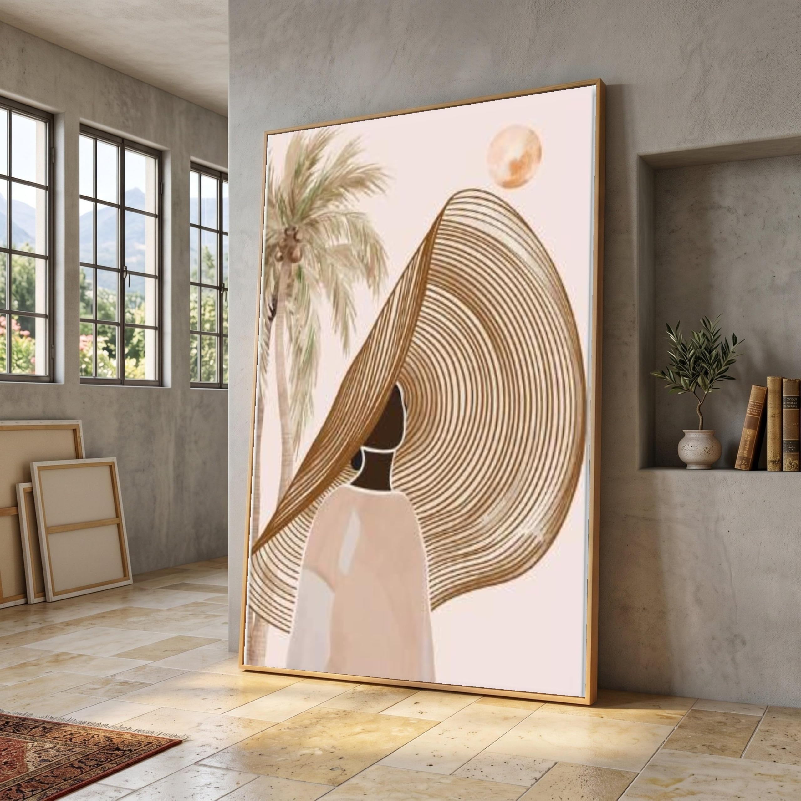 Tongyinli Frameless Minimalist Woman Portrait Wall Art, Bohemian Palm Tree Canvas Painting Wall Decor Mural(70X110cm/Frameless)