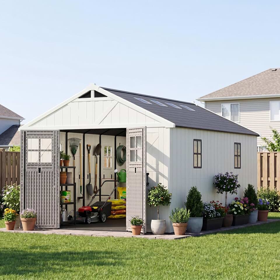 GUNJI 10x14 FT Resin Outdoor Storage Shed Kit-Perfect to Store Patio Furniture, Garden Tools Bike Accessories, Beach Chairs and Lawn Mower, Begie