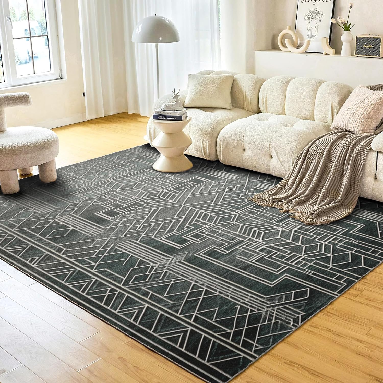 Soft Plush Fluffy Carpets 5 x 7 Feet / 150x210 cm Rugs for Bedroom Living Room, Super Soft and Comfy Carpet, Cute Carpets for Kids Nursery Boys Girls Home Gray Blue Geometric Pattern