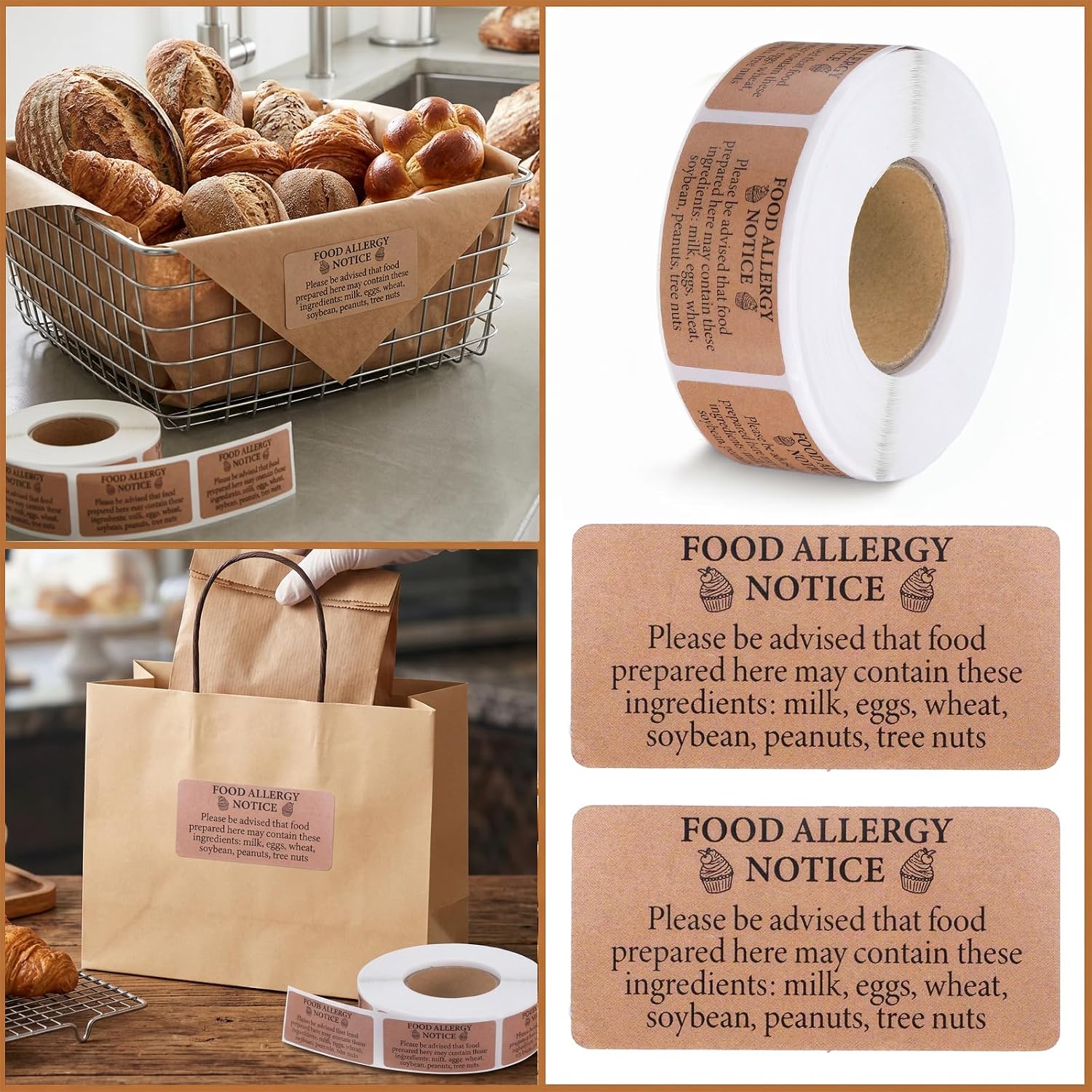 1800 Pcs 1x2'' Food Allergy Warning Labels, 3 Rolls of 600 Each, Brown