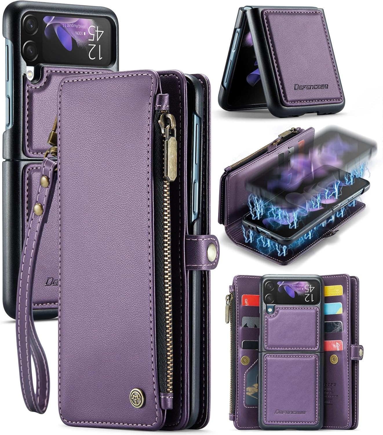 Defencase Compatible with Samsung Galaxy Z Flip 3 Case Wallet Detachable with RFID Blocking Card Holder, PU Leather Magnetic Snap Flip Zipper Strap Wallet Phone Case fit for Galaxy Z Flip 3 5G, Purple