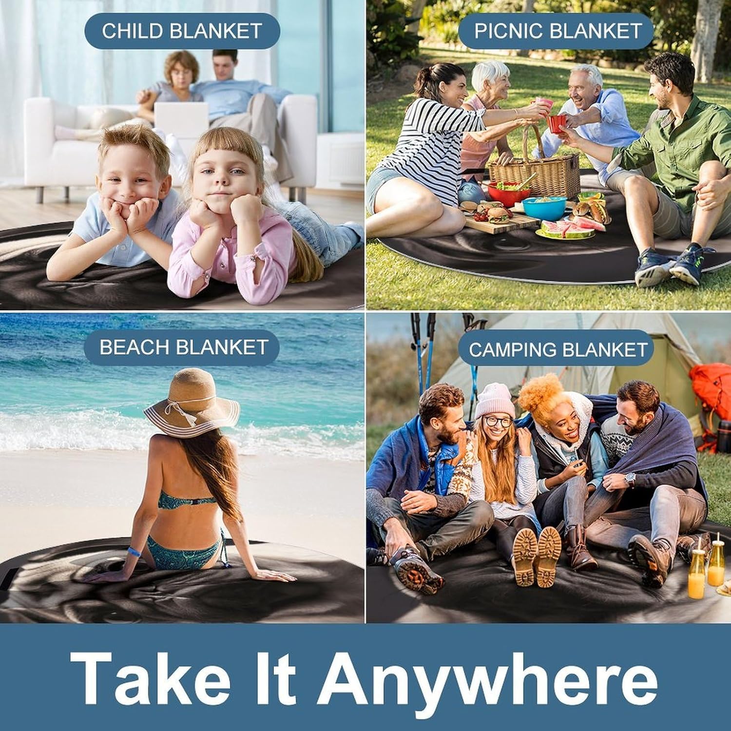 Pug Picnic Blanket Foldable Outdoor Round Blankets Lightweight Beach Mats Portable Waterproof Park Sand Free Mat for Camping Hiking Sports Activities