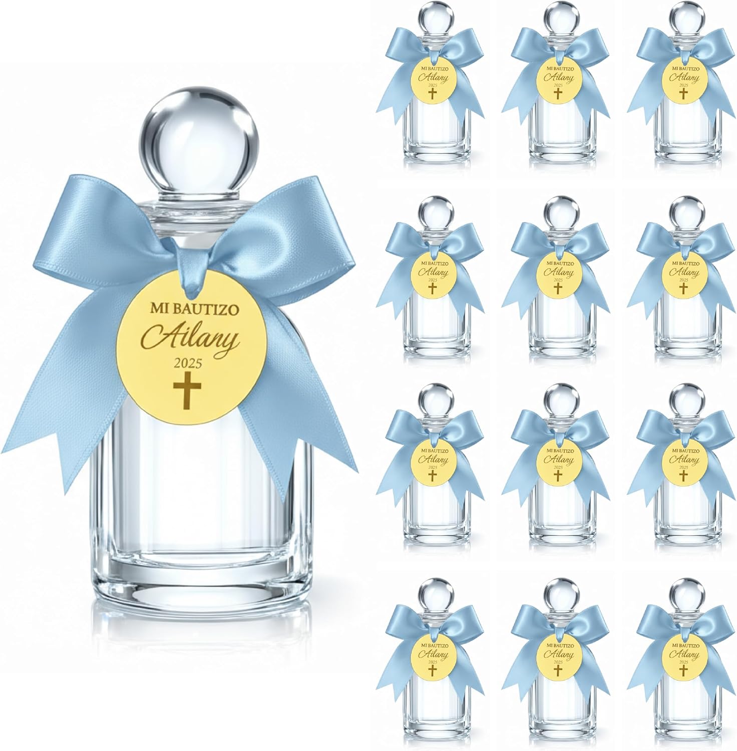 12 pcs Personalized Holy Water Bottle Favor with Gold Acrylic Tag, Baptism Favor (Blue)