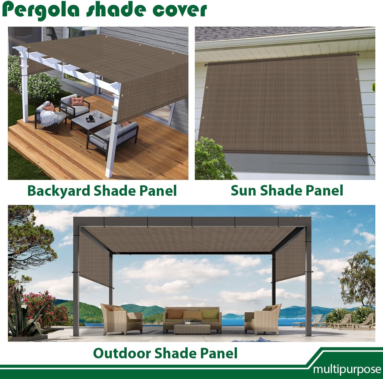 8' x 16' Universal Pergola Shade Cover with Grommets Weighted Rods, Sun Shade Cloth Outdoor Canopy Replacement Cover, Patio Awning for Porch, Backyard, Gazebo, Garden, Brown