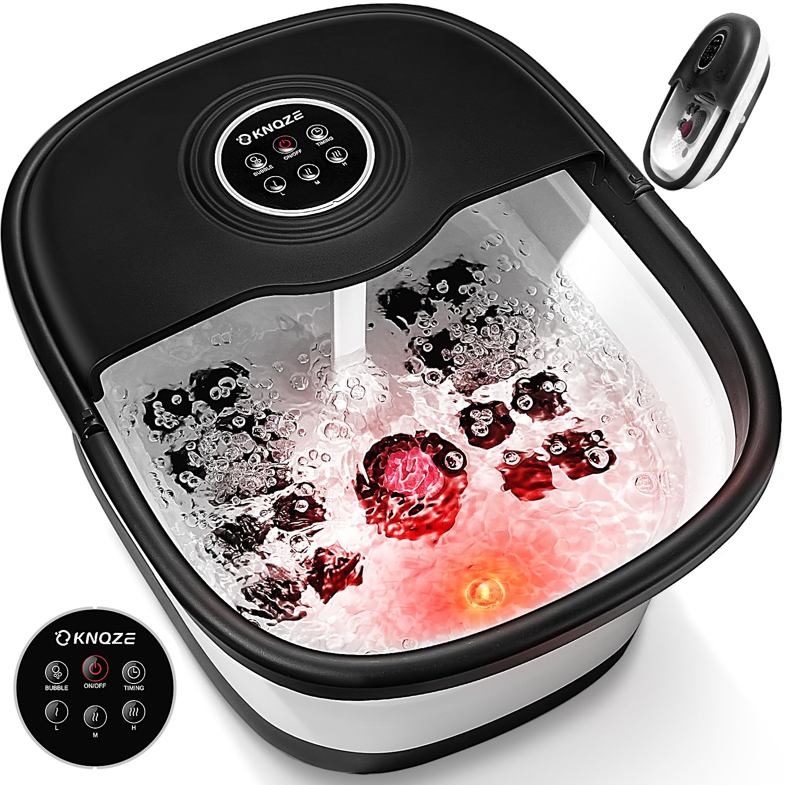 KNQZE Collapsible Foot Spa Bath with Heat, Remote Control, Temperature Control, Bubbles, Pumice Stone, Red Light, Timer, 16 Massage Roller Pedicure Foot Spa Foot Soaker for Soothe & Relax Tired Feet