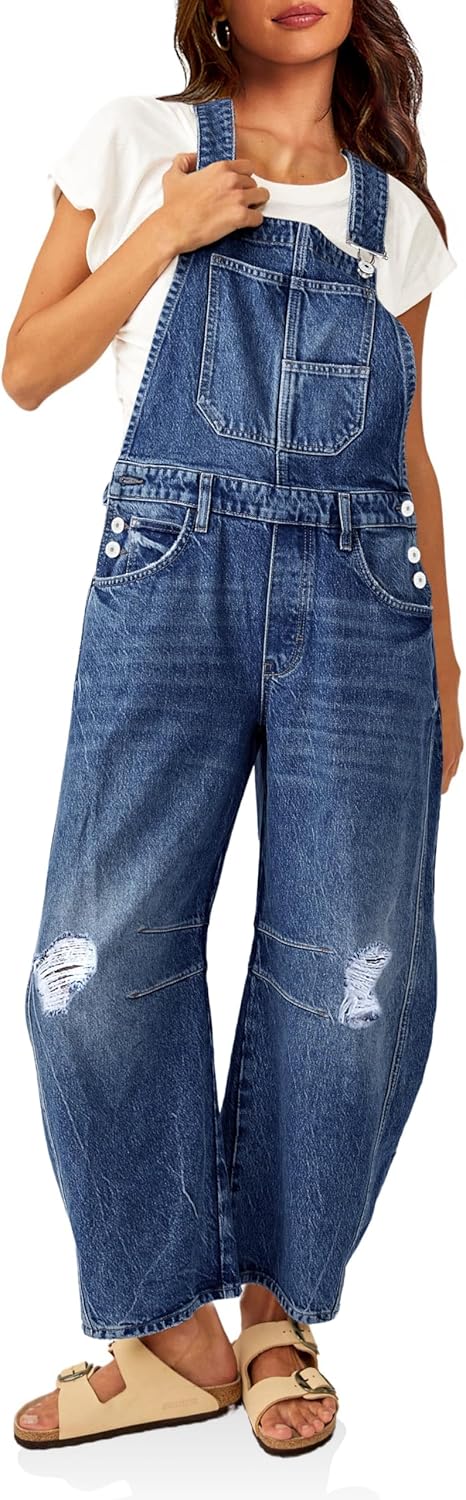 PLNOTME Womens Denim Bib Overalls Barrel Leg Adjustable Strap Jean Pants Jumpsuits with Pockets