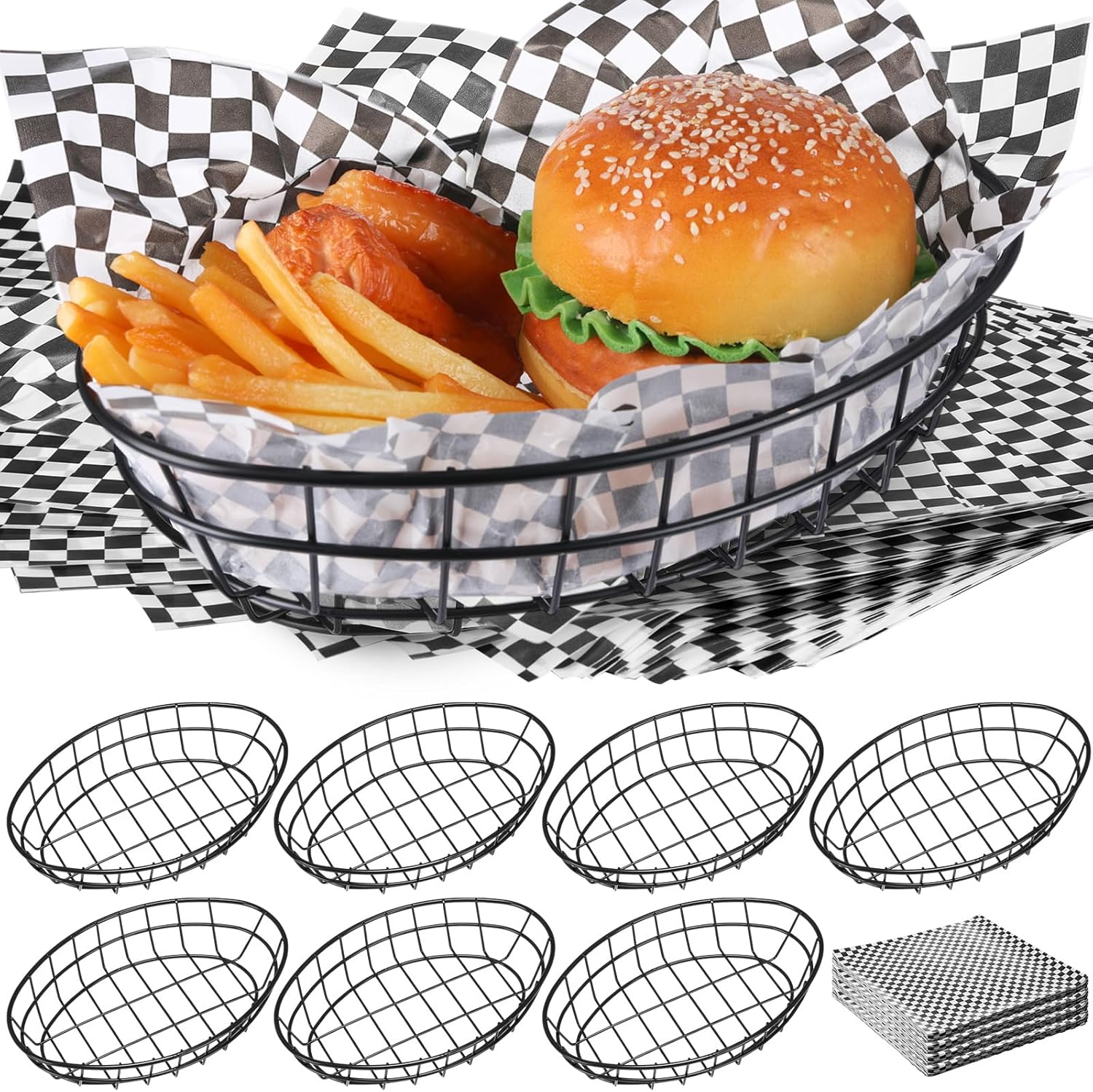 18 Pcs Black Wire Bread Basket Bulk 9.65" x 6.1" x 2.2" Oval Metal Dinner Roll Baskets for Table Serving Fruit Bowl with 270 Sheets Deli Wrappers Paper for Kitchen Restaurant Fast Food