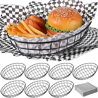 8 Pcs Black Wire Bread Basket Bulk 9.65" x 6.1" x 2.2" Oval Metal Dinner Roll Baskets for Table Serving Fruit Bowl with 120 Sheets Deli Wrappers Paper for Kitchen Restaurant Fast Food