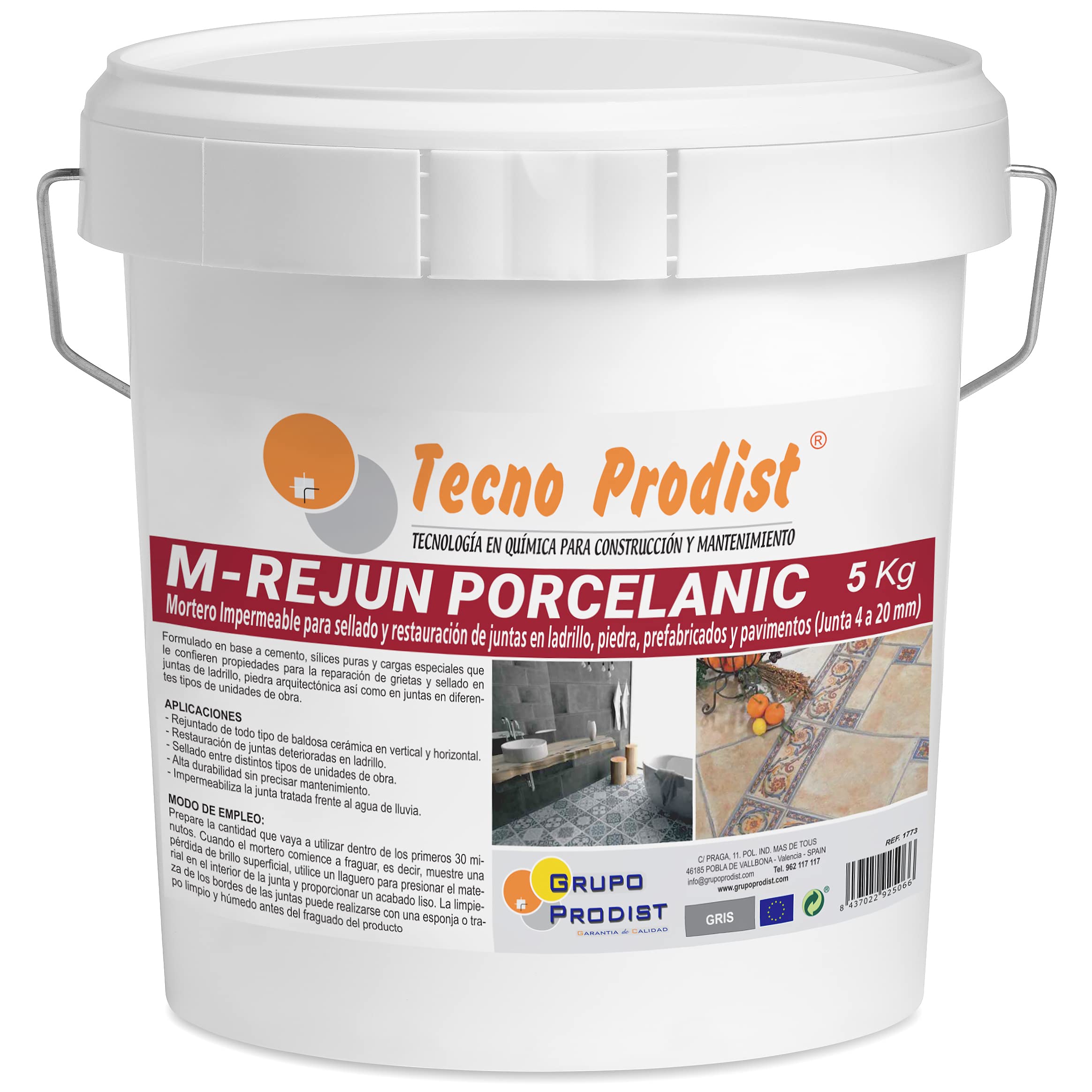 M-REJUN PORCELANIC von Tecno Prodist - (5 Kg, Grau) - Mörtel für die wasserdichte Verfugung von Fliesen und Böden. Keramikfliesen, Ziegel, Stein usw. (4 bis 20 mm breite Fugen).