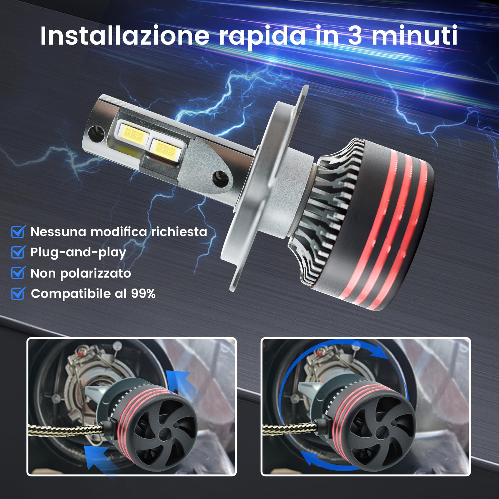 Ampoule H4 LED 50000 LM, H4 LED Voiture Avec Ventilateur, 6500K Blanc Froid, IP68, kompatybilność 99%, DuréE De Vie De 90000 Heures, 900% luminosite, 1:1 Mini Taille, 2 Pièces