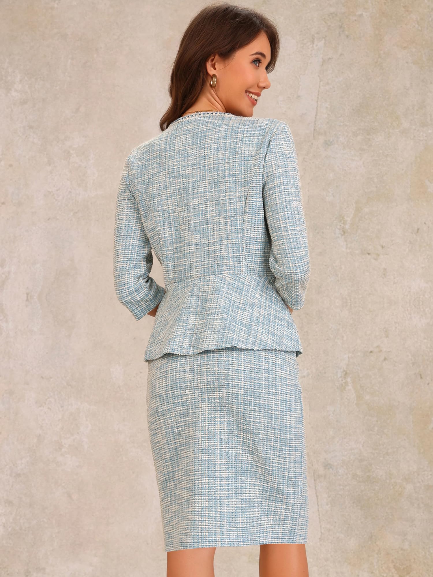 Allegra K Damen 2-teiliger Tweed Business Anzug mit Button-Down 3/4-Ärmeln Jacke Bleistiftrock Elegantes Rock-Set