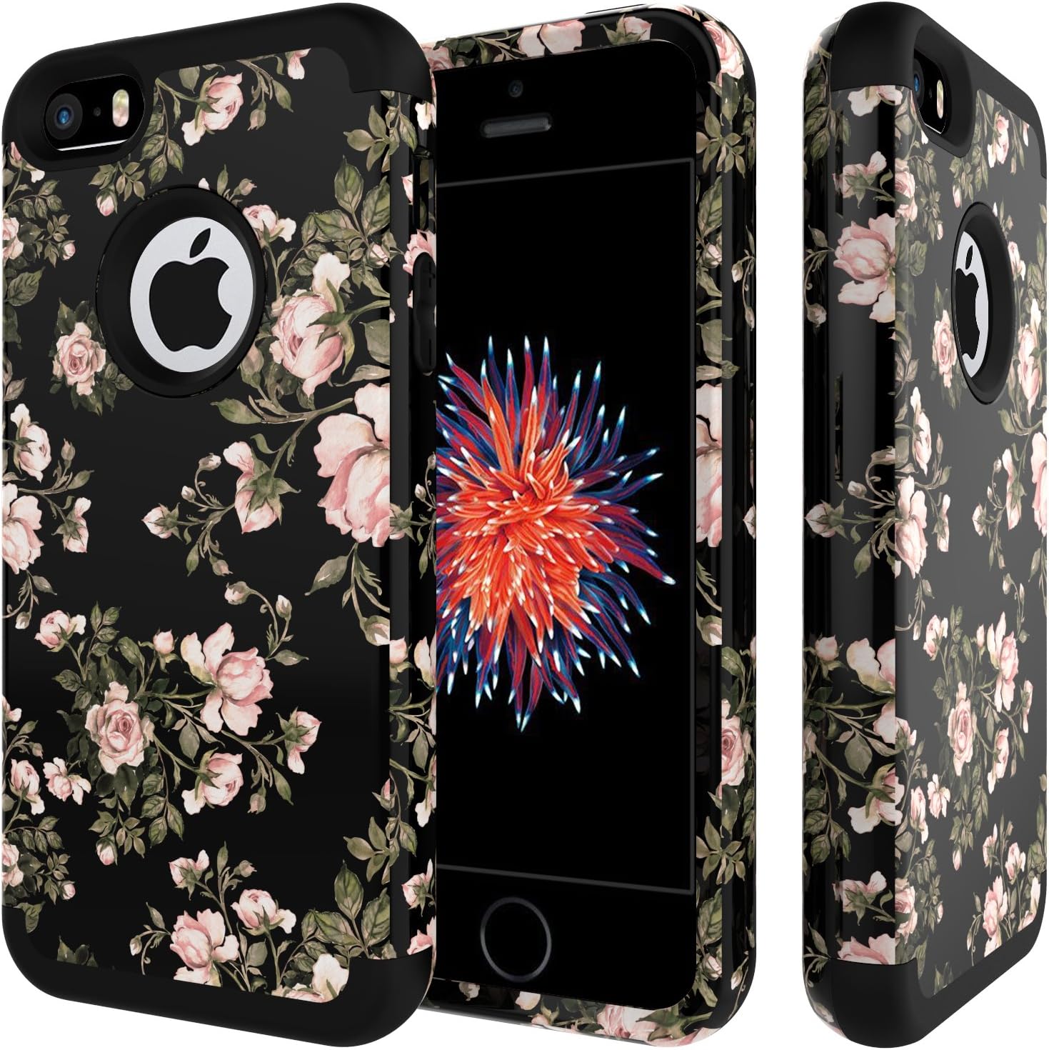 SLMY iPhone SE Case,iPhone 5S Case,iPhone 5C Case, (TM) Heavy Duty Shock Resistant Hybrid Soft Silicone Hard PC Cover Case for iPhone 5/5S/SE/5C-Flowers Black
