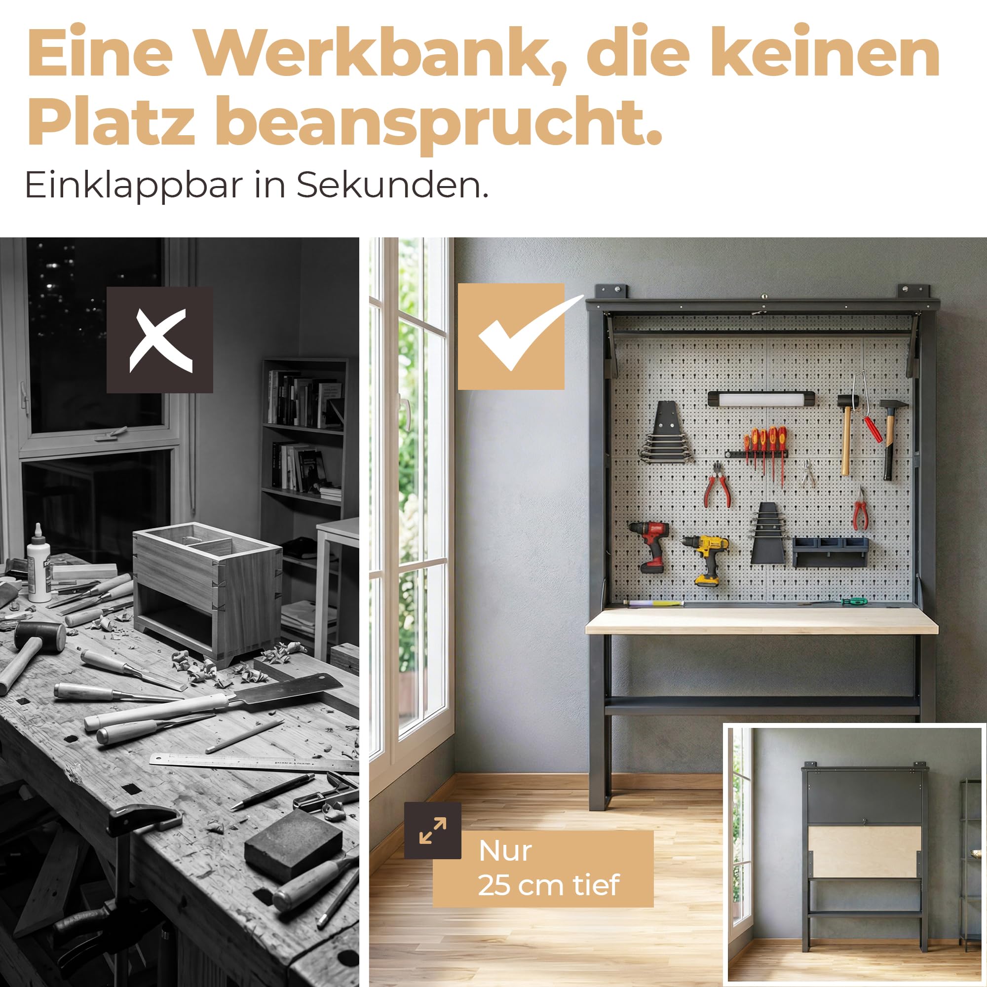 Werkbank für Werkstatt [abschließbar] 75kg Tragkraft, kompakter Arbeitstisch klappbar & höhenverstellbar, LED-Licht & Steckdosenleiste | Stahl-Werkzeugbank für smarte Werkstatteinrichtung