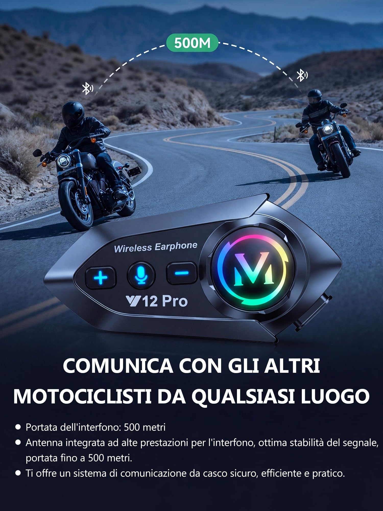 Interfono Moto Auricolare Bluetooth 500M Sistema di Comunicazione - Singolo