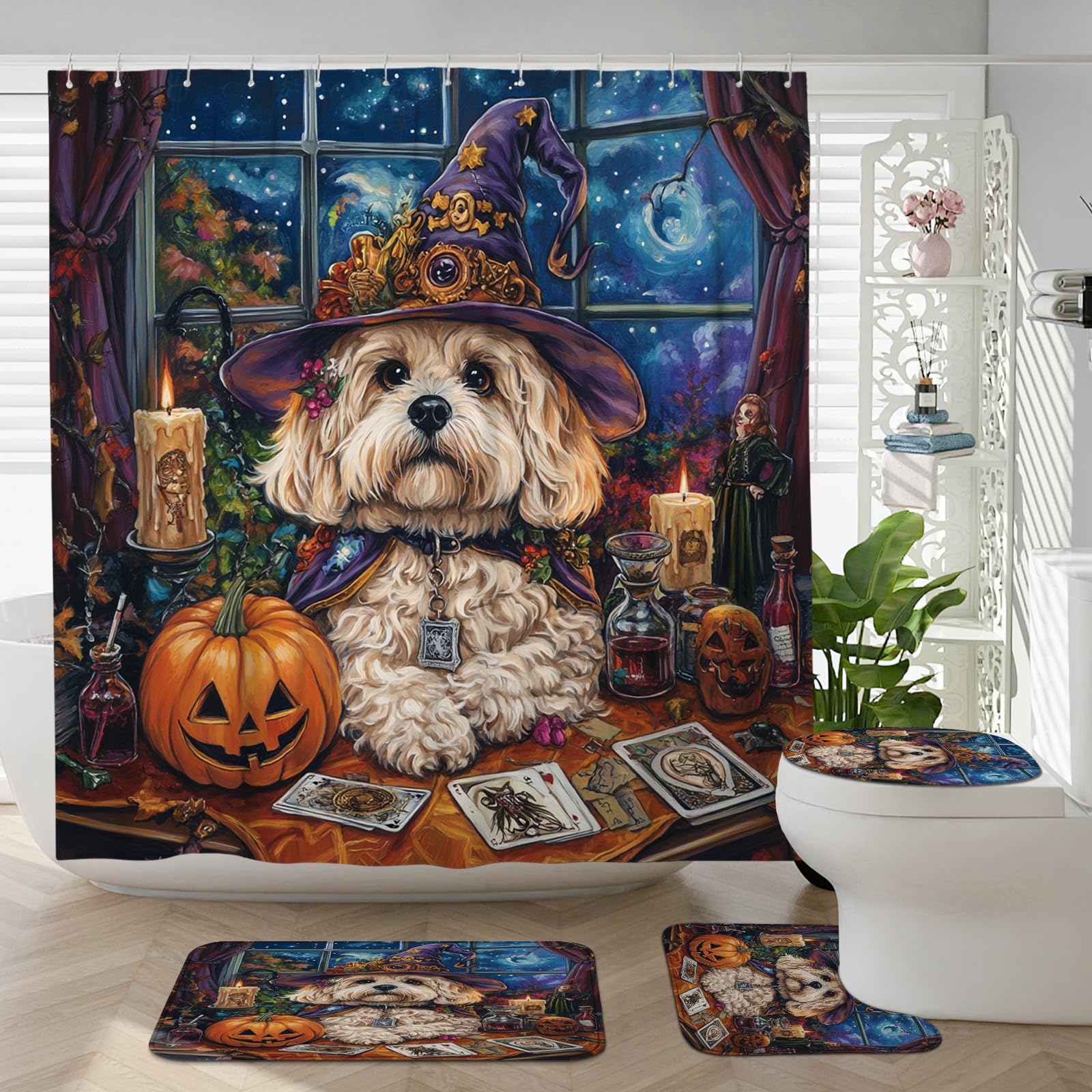 Accessoire de salle de bain Halloween Cavachon avec tapis de couvercle de toilette en U