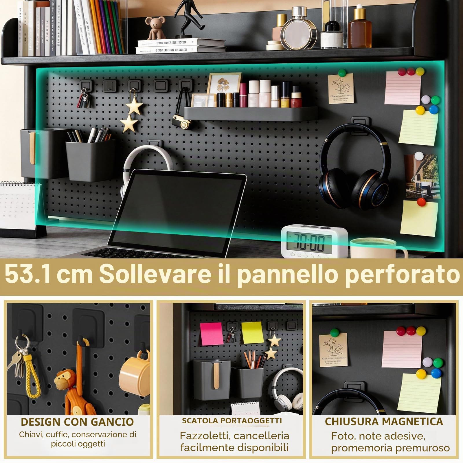 Scaffale da scrivania a 2 ripiani, 100 cm, con pannello forato | Scaffale organizer da scrivania per accessori, altezza regolabile, per casa, ufficio o dormitorio