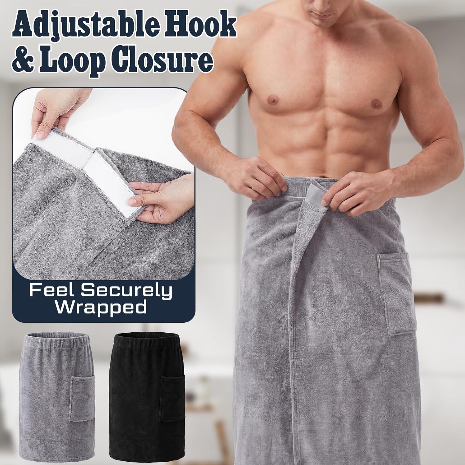 Tudomro 2 Pcs Men's Bath Wrap Towel X-Large Shower Adjustable Terry Body Spa Towel with Pocket After Shower Wrap for Men Gift Spa College Bath Dorm Room Gym(Black, Gray)