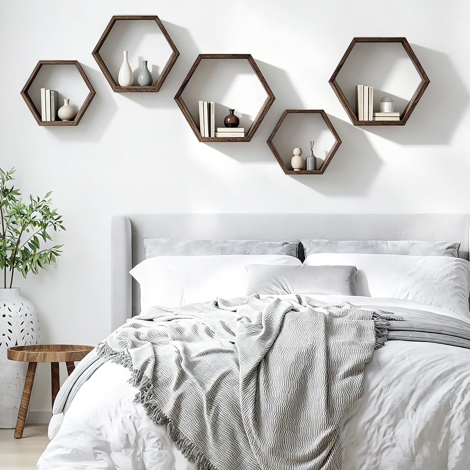 Wandregale Holz 6er Set Hexagon Schwebendes Regale für Deko, Bücher, Aufbewahrung und Organisation, Rustikale Wand Regal Wanddeko Wandregal Schwebend für Wohnzimmer & Schlafzimmer Wände