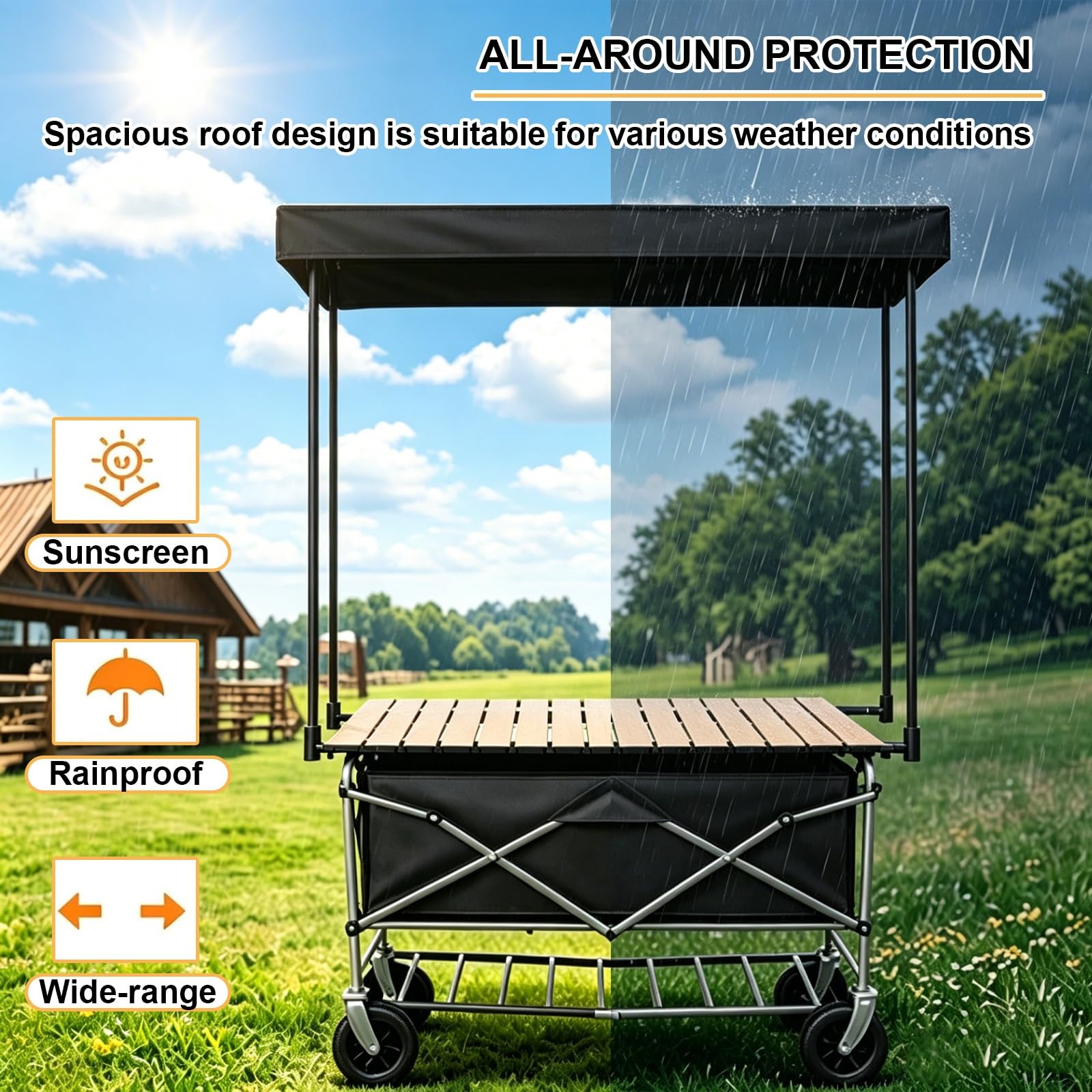 Carretto Mobile per La Vendita di Cibo con Tettoia, Bancarelle per Mercati Agricoli All'aperto, Stand Espositivi Portatili, per Mercati, Fiere Ed Eventi | Black,94cm/37in