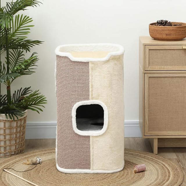 Foto 8 de 8 de PawHut Barril rascador 74cm 3 Pisos para Gatos pequeños Beige+Blanco