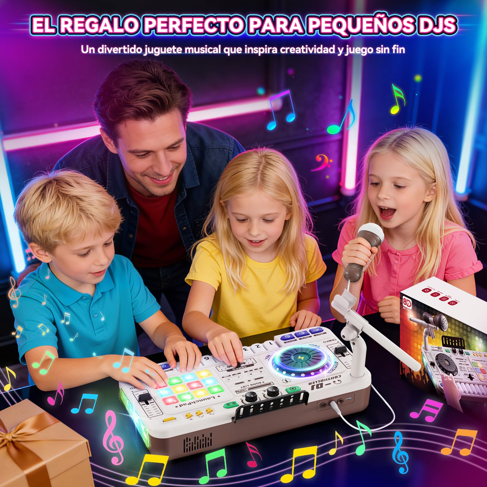 Mesa de mezclas DJ para niños, controlador DJ, mesa DJ, DJ mixer con función de grabación, 100+ efectos de sonido, plato DJ realista y pads de batería, regalo para niños y niñas 3-11 años, Blanco