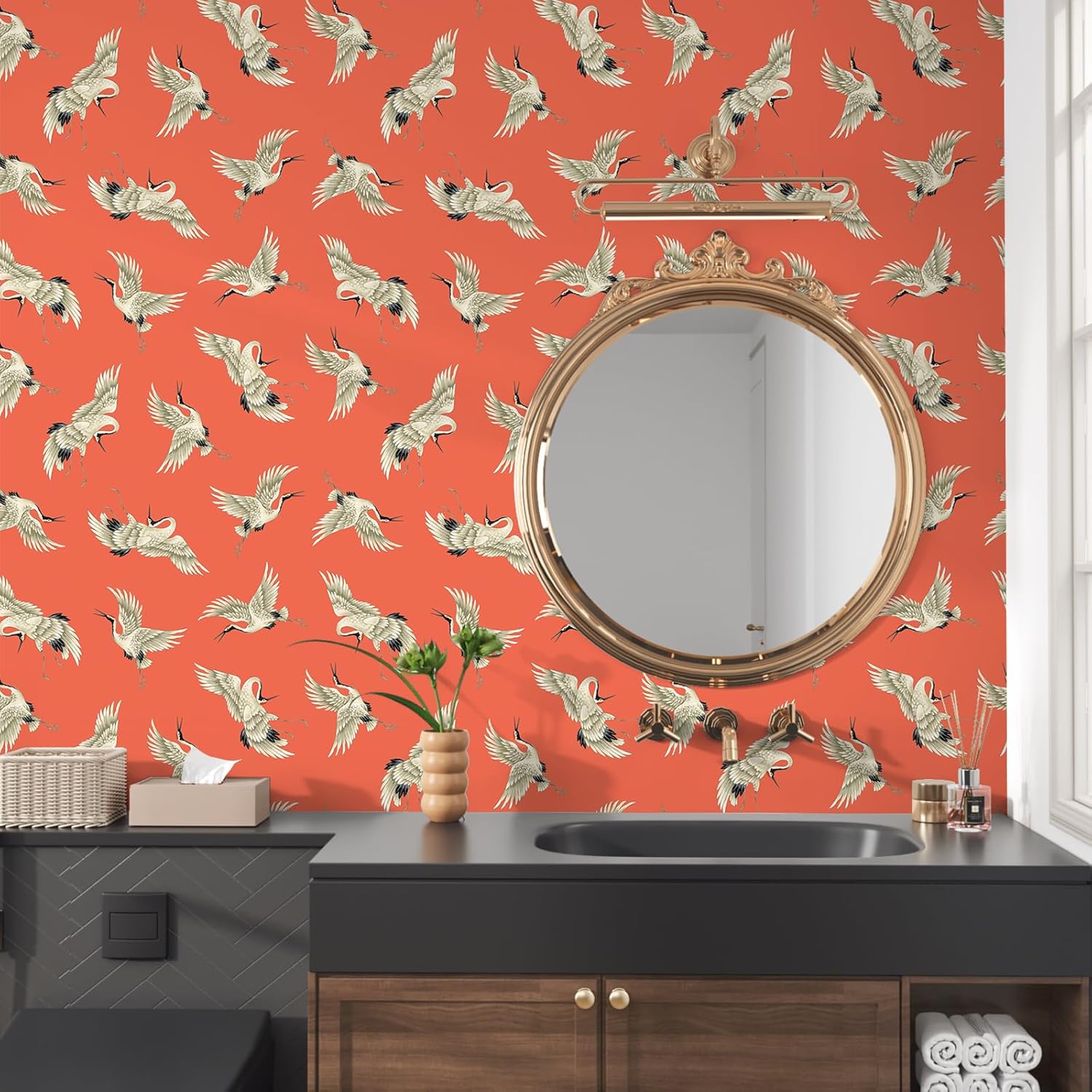 VEELIKE 17.7''x354'' Vintage Japanese Crane Wallpaper Peel and Stick Coral Pink Heron Bird Wallpaper Stick and Peel for Bedroom Living Room Bathroom Adhesive Removable Crane Wall Mural for Walls