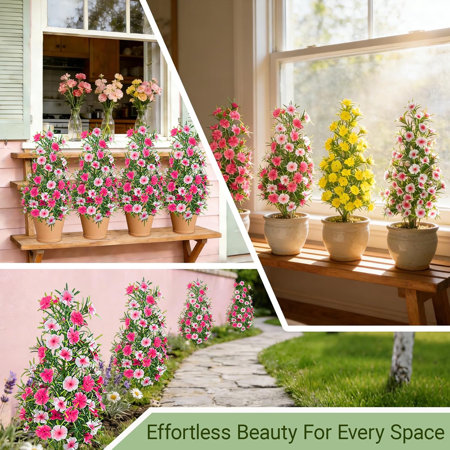 4 Pack Artificial Topiary Trees with Ground Spike for Outdoor, 19" Faux UV Resistant Shrubs with Flowers, Realistic Artificial Fake Bushes Plants for Home Garden Yard Porch Patio Decor (Pink White)