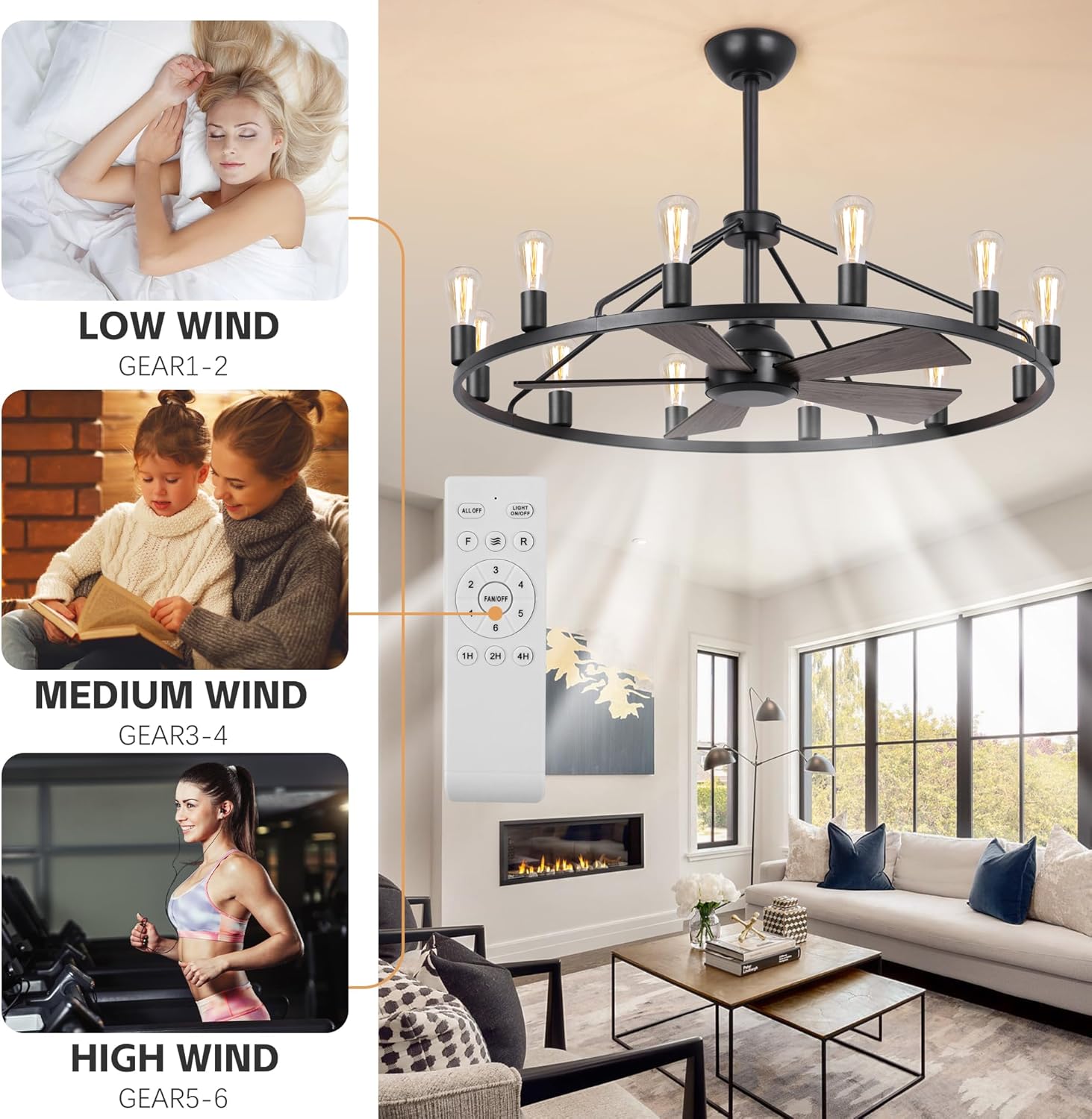 She's home 43" Black Wagon Wheel Chandelier Fan with Light, 12-Lights Large Round Candle Farmhouse Fandelier Ceiling Fan with Light Fixture for Living Room, Dining Room, Height Adjustable