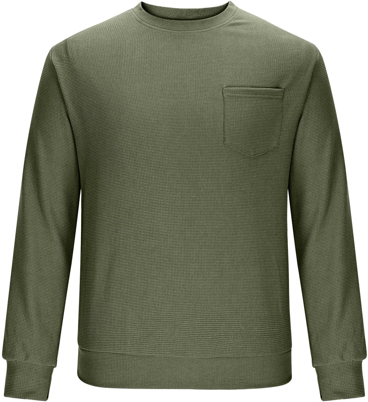 Mens Crewneck Pullover Sweatshirt with Chest Pocket Casual Waffle Long Sleeve Knitted Sweaters Solid Basic Shirt - Image 3