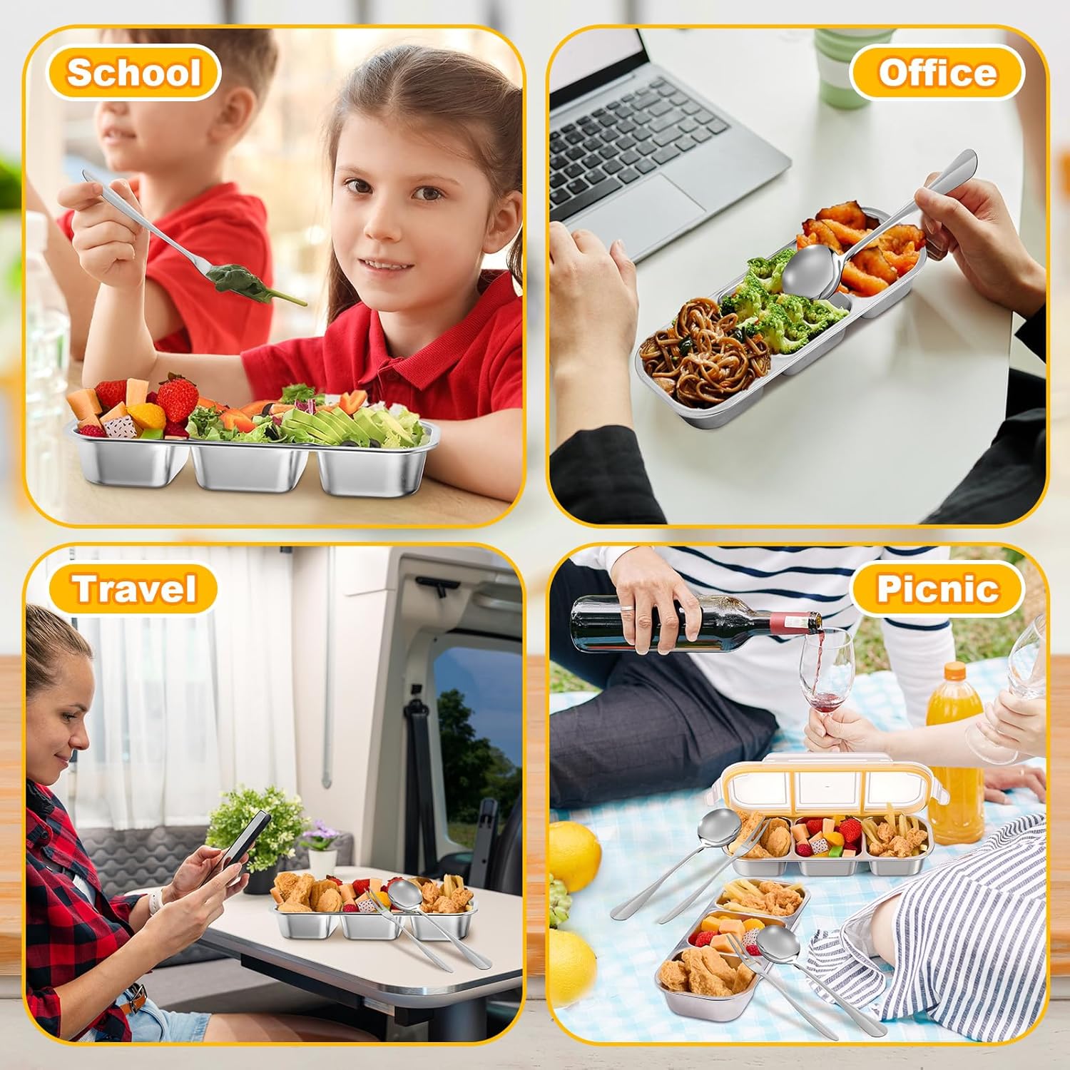 LemonRoad 4 Sets Stainless Steel Snack Containers for Kids Adults Reusable 3 Compartment Snack Boxes with Lids Leak Proof Metal Bento Lunch Boxes with Forks and Spoons for School Work Travel - Image 6
