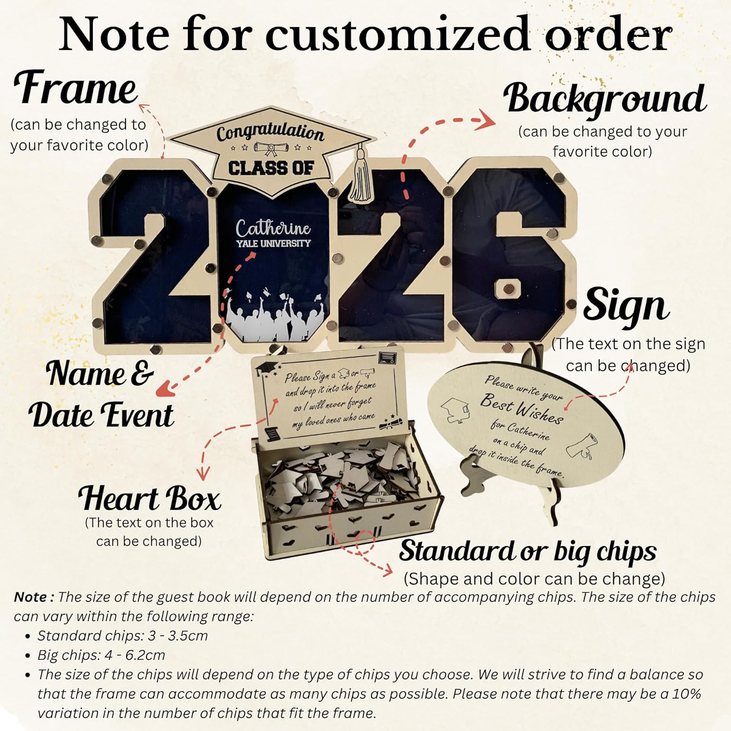 Graduation Guest Book Alternative 2026, Personalized Wooden Frame Class of 2026, Sign in Guest Book with Graduation Cap Design, Graduation Memory Book Party Decoration