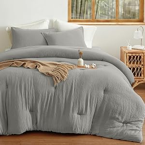 David's Home Cooling Muslin Comforter Set Queen Size, Ultra Soft 70% Cotton 30% Viscose Derived from Bamboo, Gauze Bedding with Pillowcases, Lightweight Breathable for Spring Summer, Frosted Grey