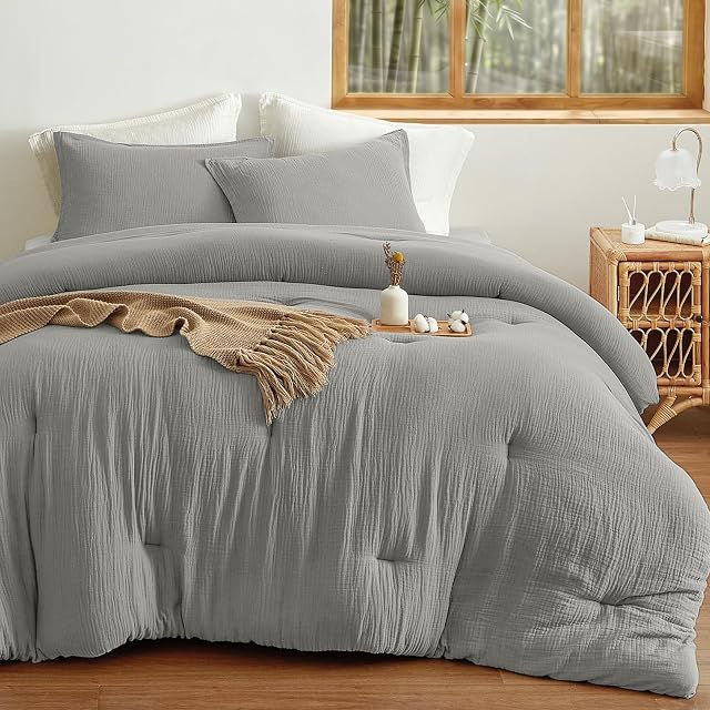 David's Home Refroidissement Muslin Comforter Set Queen Taille, Ultra Doucement 70% Coton 30% Viscose dérivée de bambou, Couche de gaze avec oreillers, léger respirant pour l'été de printemps, Gris givré