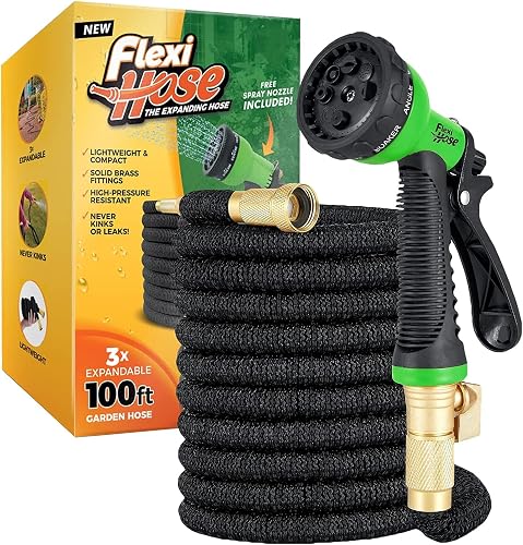 Upgraded, tuyau extensible 30 m, raccords laiton, 8 jets Flexi Hose